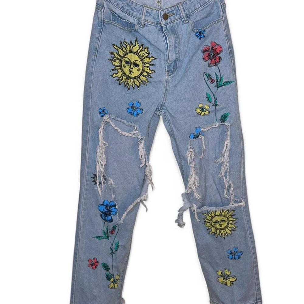 SHEIN Blue Straight Leg Jeans with Sun and Floral paint